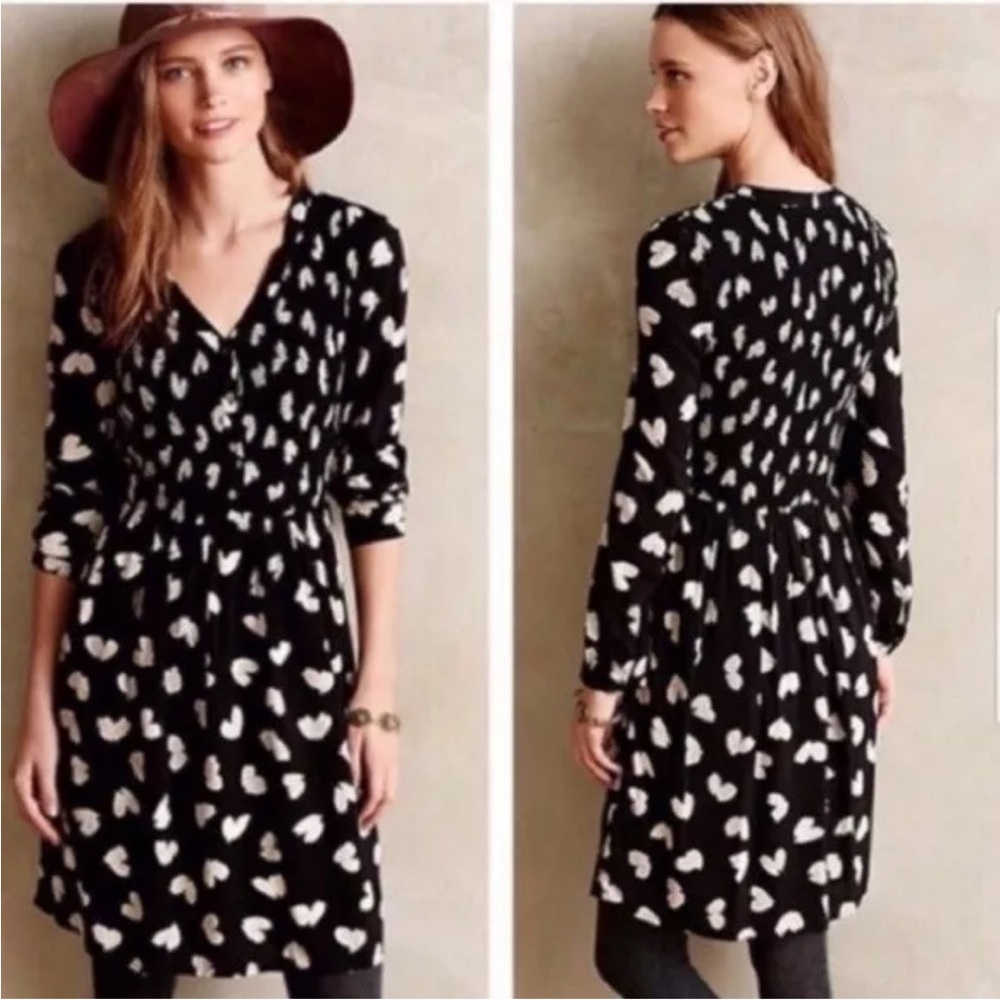 Maeve for Anthropology Black and Cream Petal/Heart Print Dress